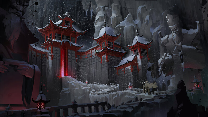 Red Temple in Snow — Dramatic