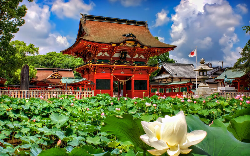 Red Temple with Lotus Pond