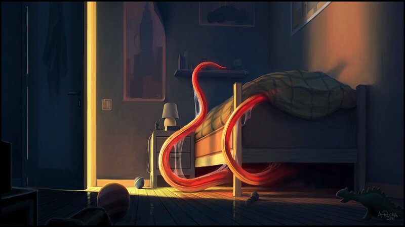 Red tentacle in a child's bedroom