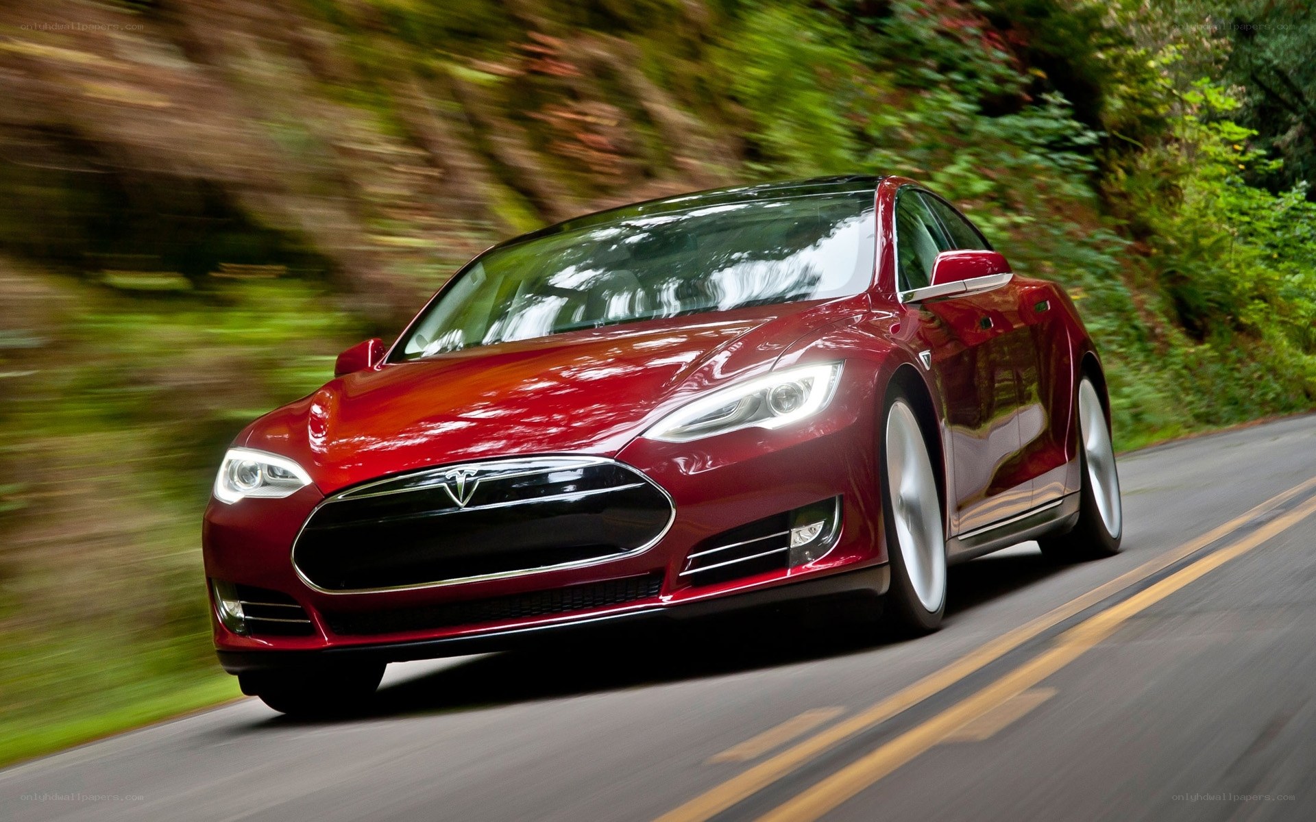 Red Tesla Model S on a forest road
