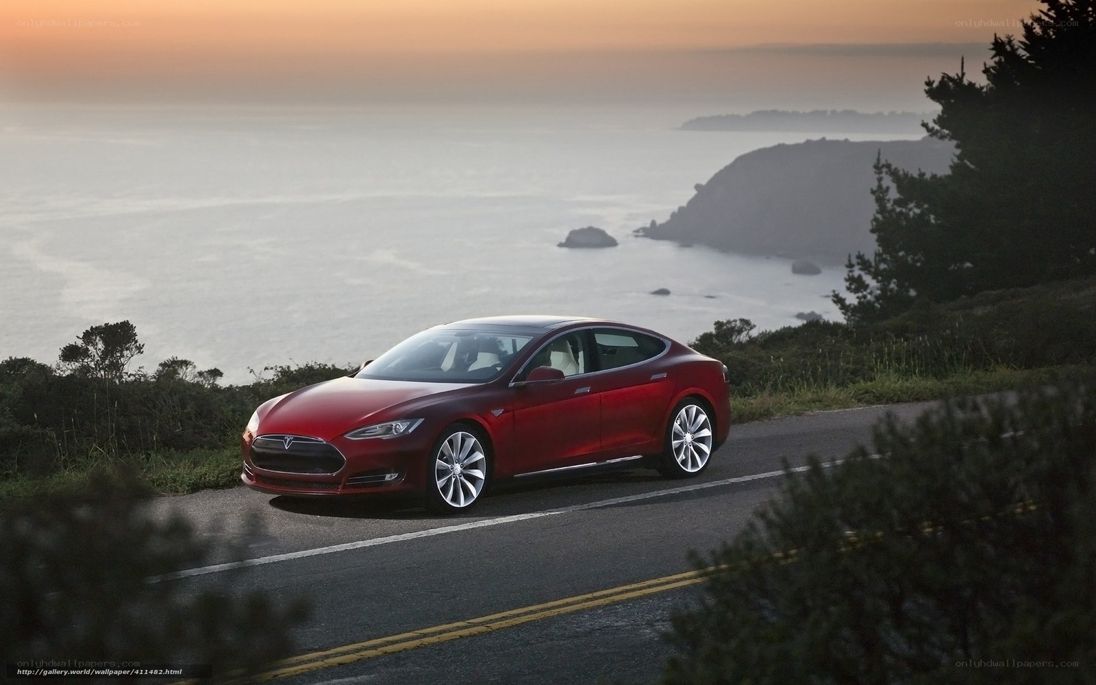 Red Tesla on coastal road