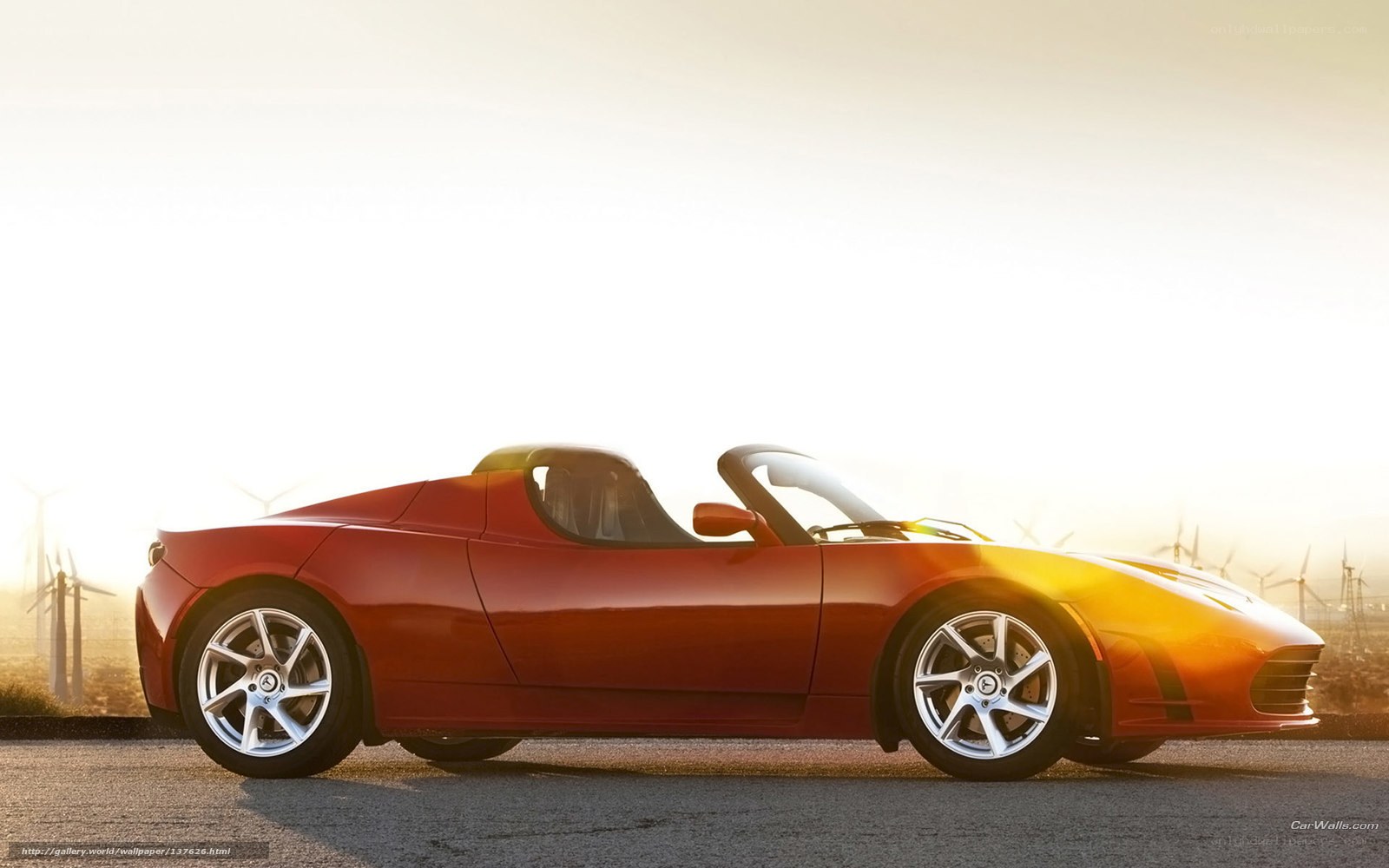 Red Tesla Roadster at sunset