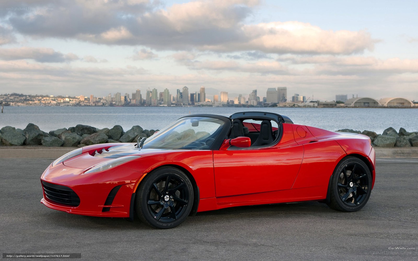 Red Tesla Roadster by waterfront