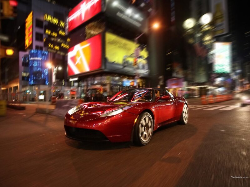 Red Tesla Roadster in Times Square