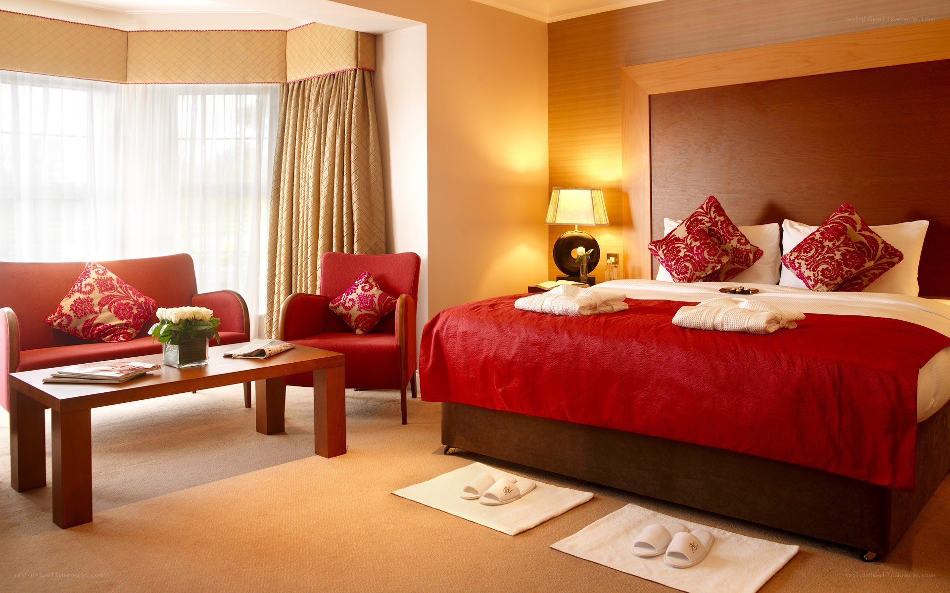Red-themed hotel room