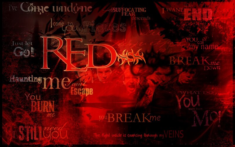 Red-themed text collage