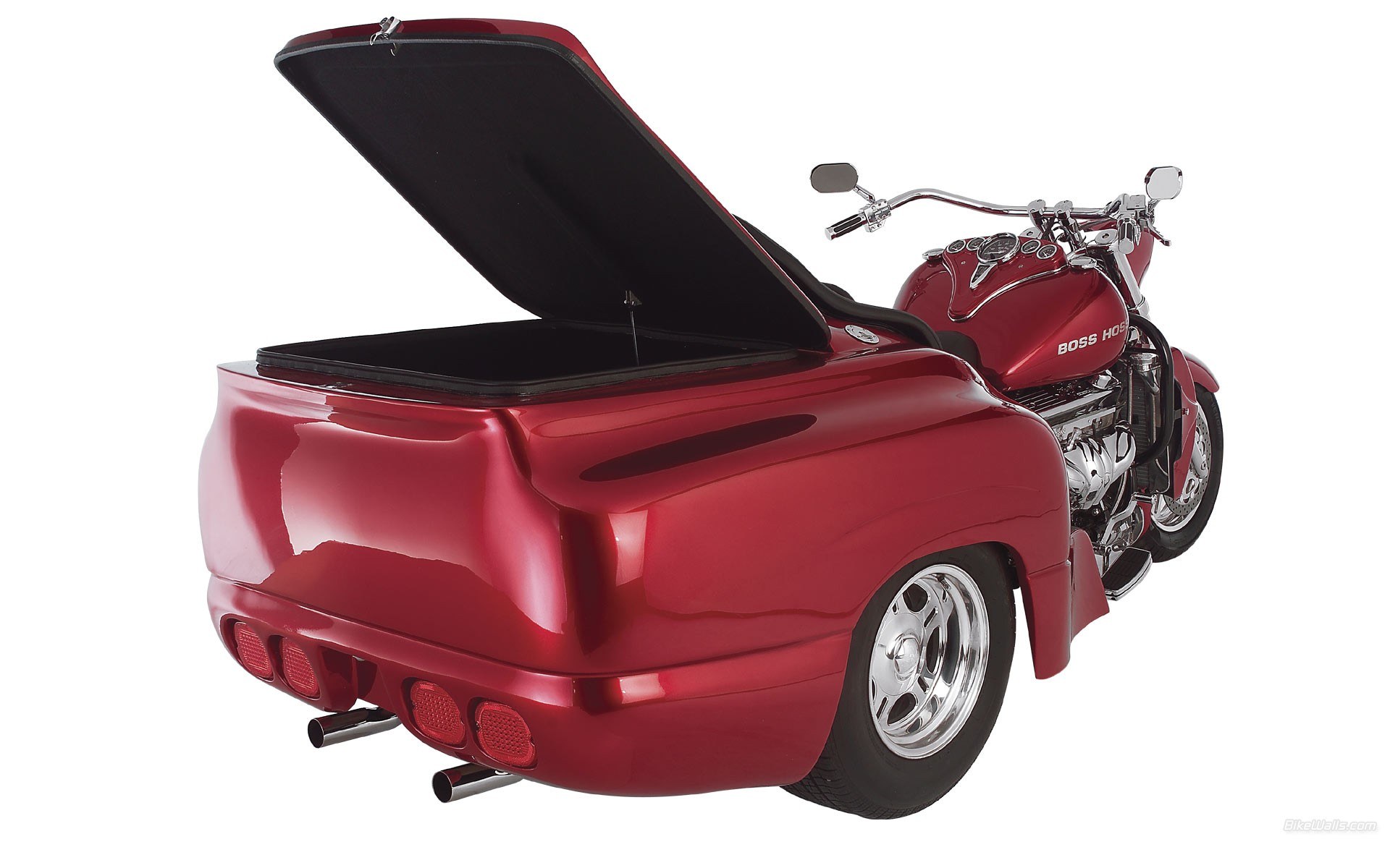 Red three-wheeled motorcycle with storage
