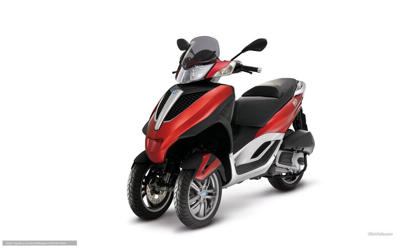 Red Three-wheeled Scooter — Neutral, Photograph, Windshield, Handlebars, Seat