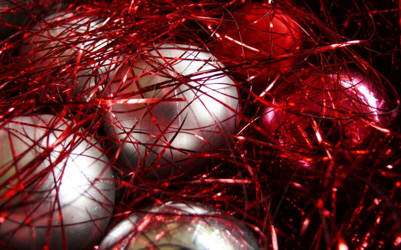 red tinsel with ornaments
