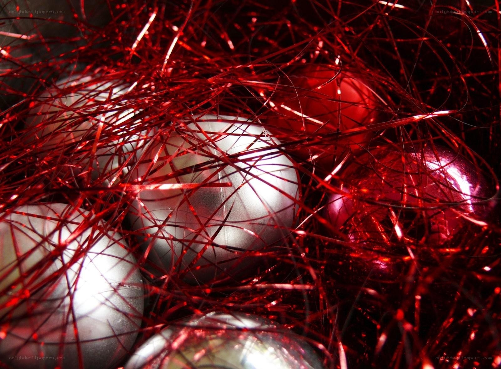 red tinsel with ornaments