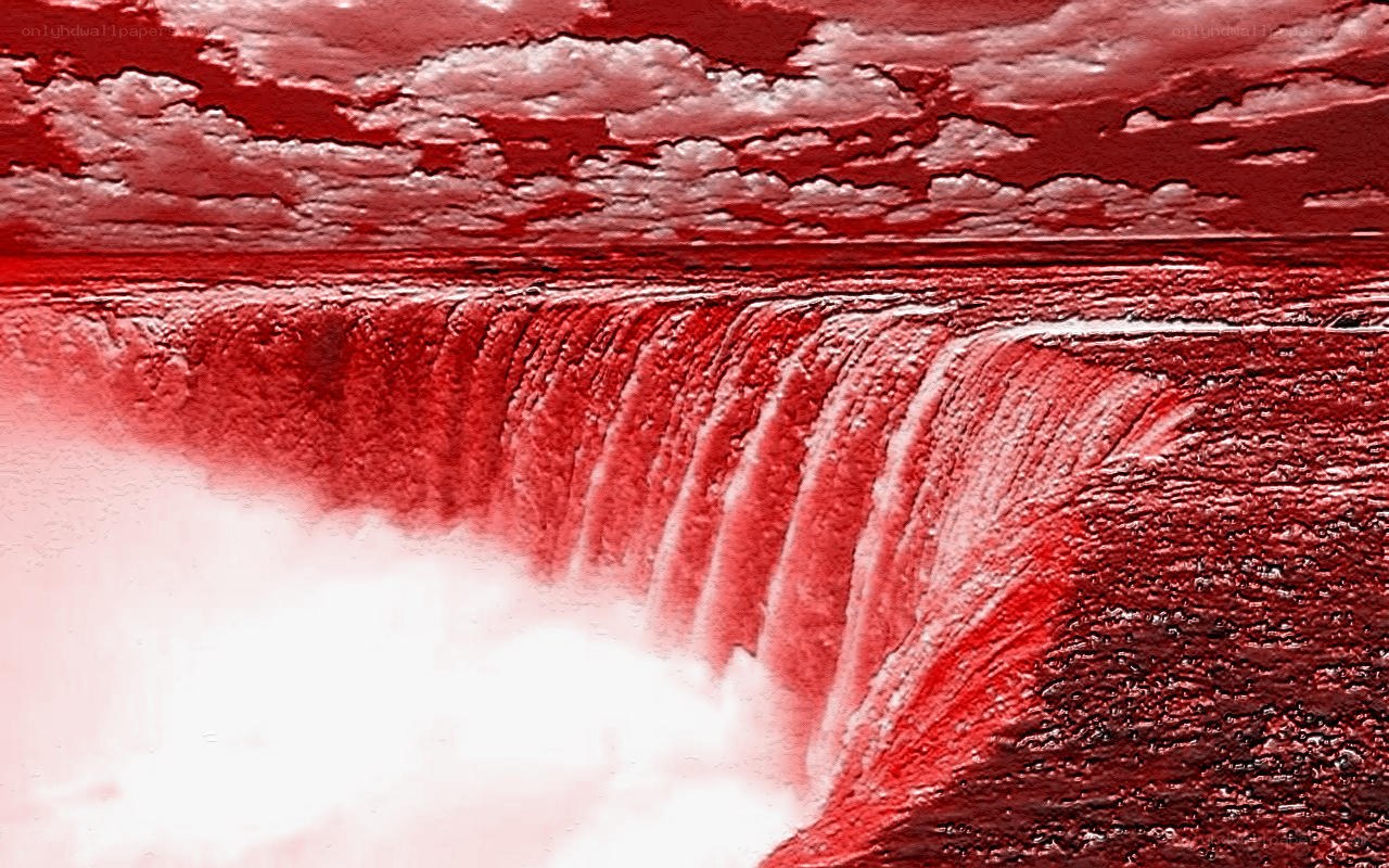 Red-tinted waterfall scene