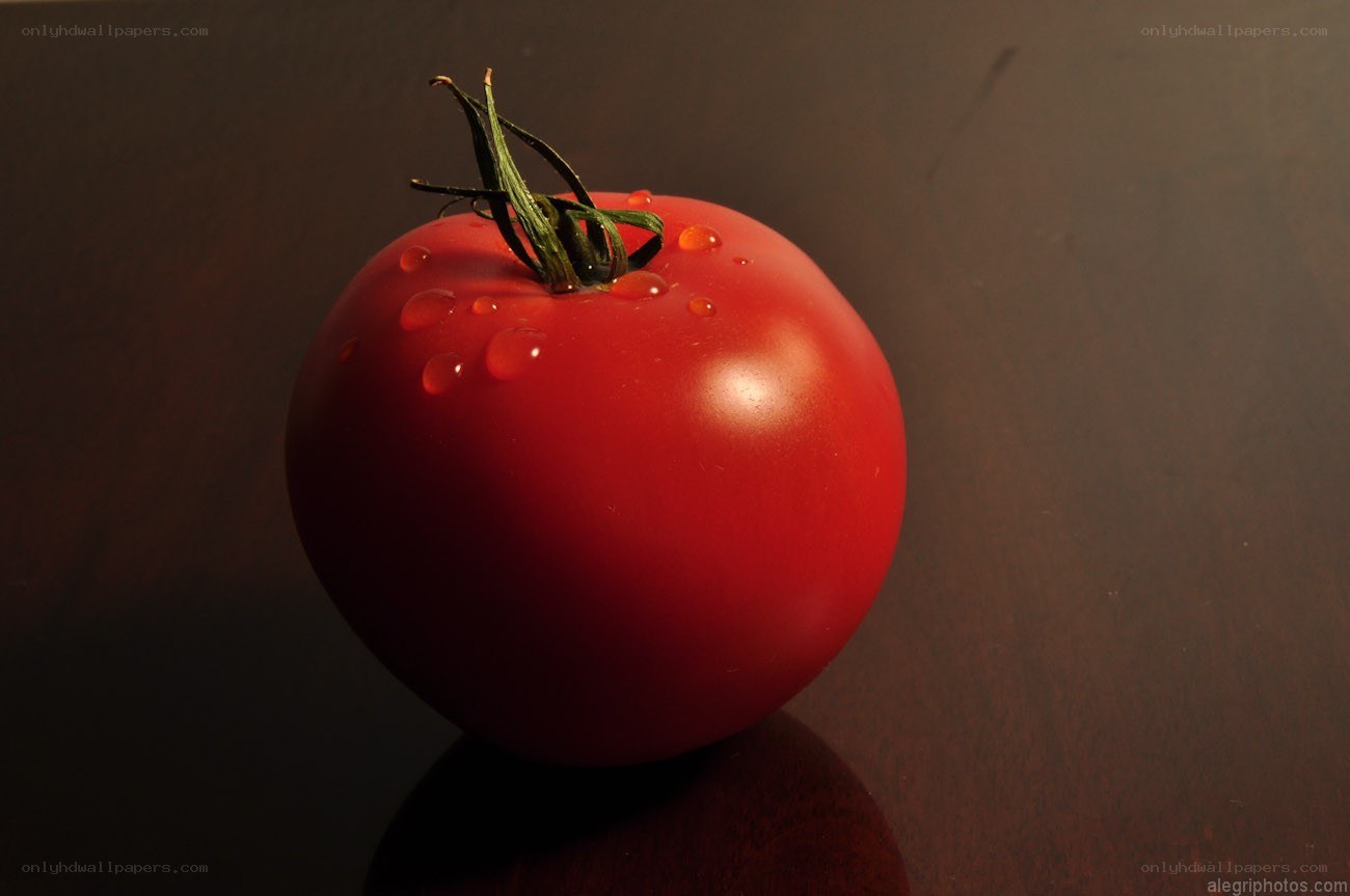 Red tomato with water droplets
