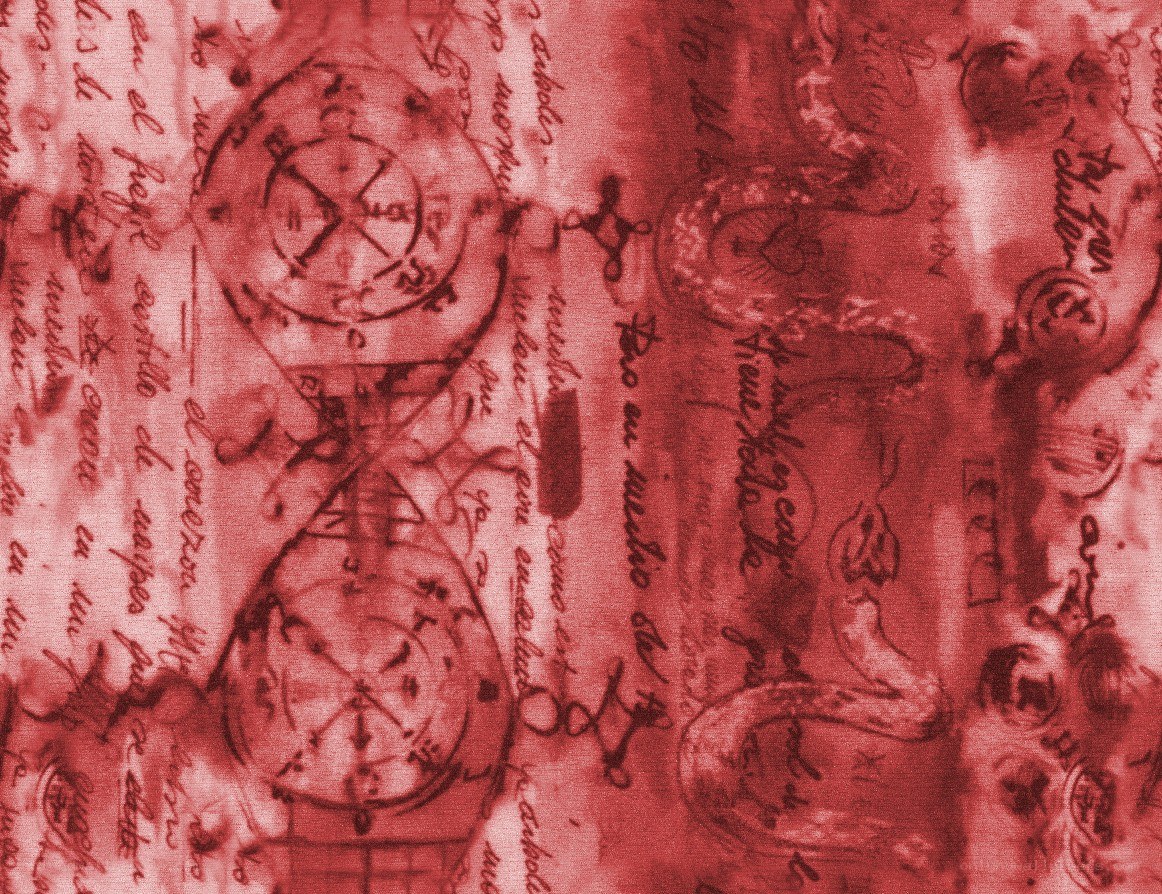 red-toned manuscript with symbols