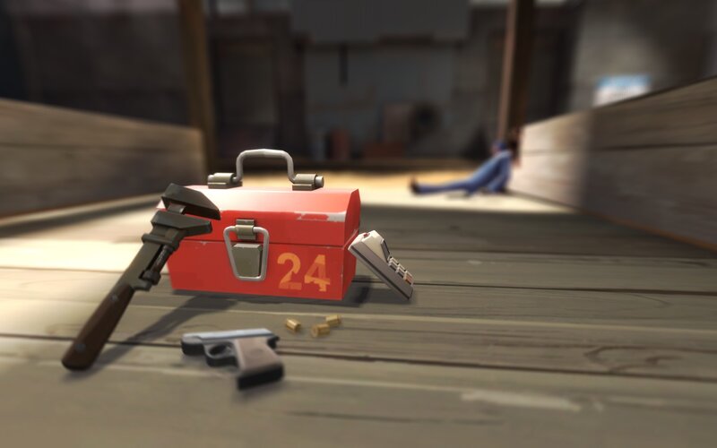 Red toolbox with weapons