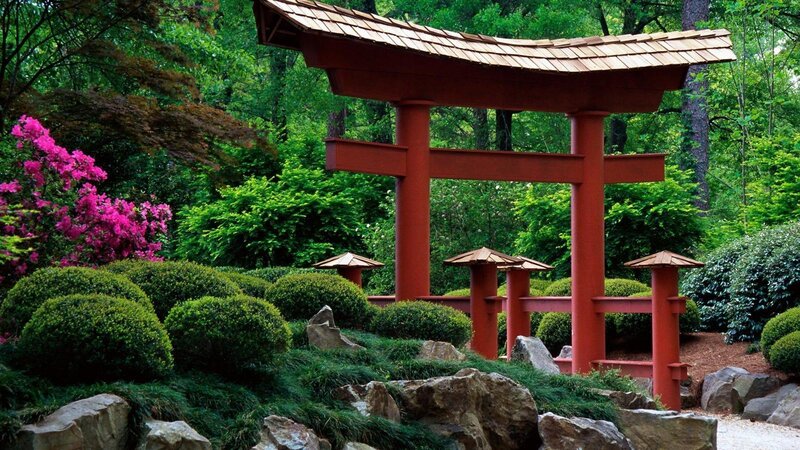 Red Torii Gate — Green, Serene, Afternoon, Photograph, Flowers, Bushes