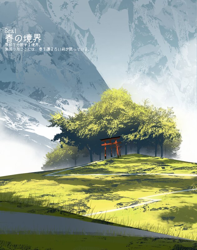 Red Torii Gate — Green, Serene, Spring, Digital Art
