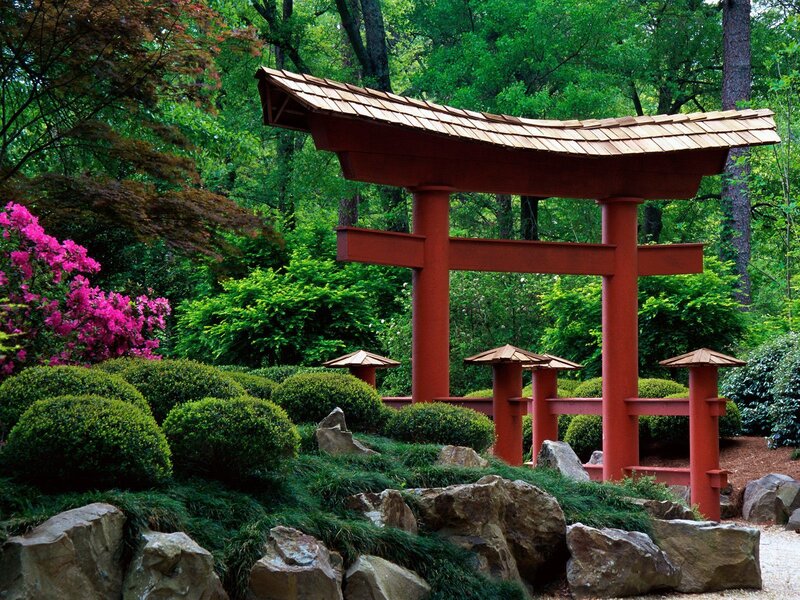 Red Torii Gate — Green, Serene, Summer, Photograph
