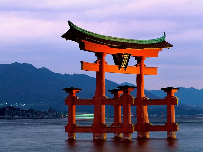 Red Torii Gate — Serene, Sunset, Photograph, Mountains, Water