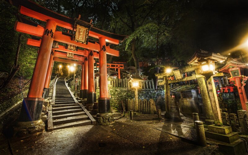 Red Torii Gates at Night — Dramatic, Photograph, Stairs, Lanterns