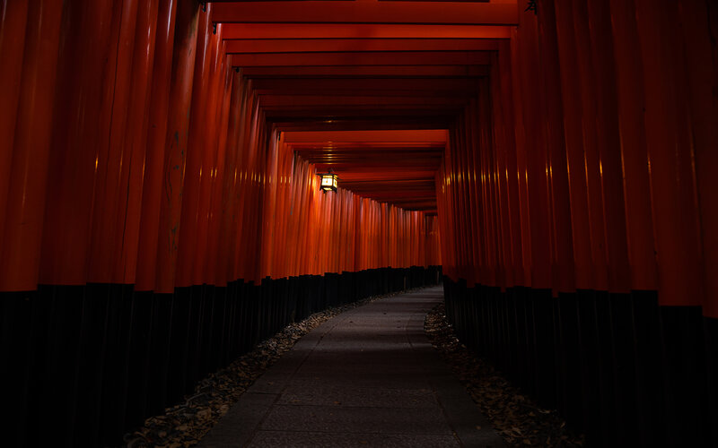Red Torii Gates Tunnel — Dramatic