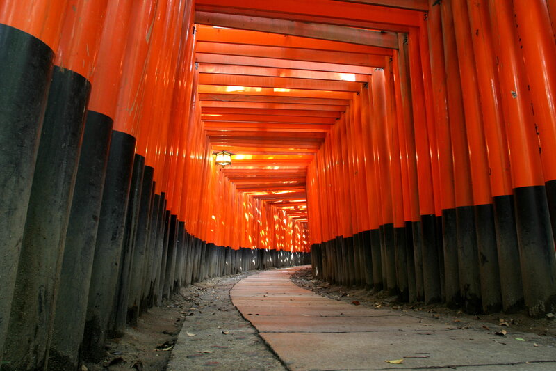 Red Torii Gates Tunnel — Orange, Serene, Night