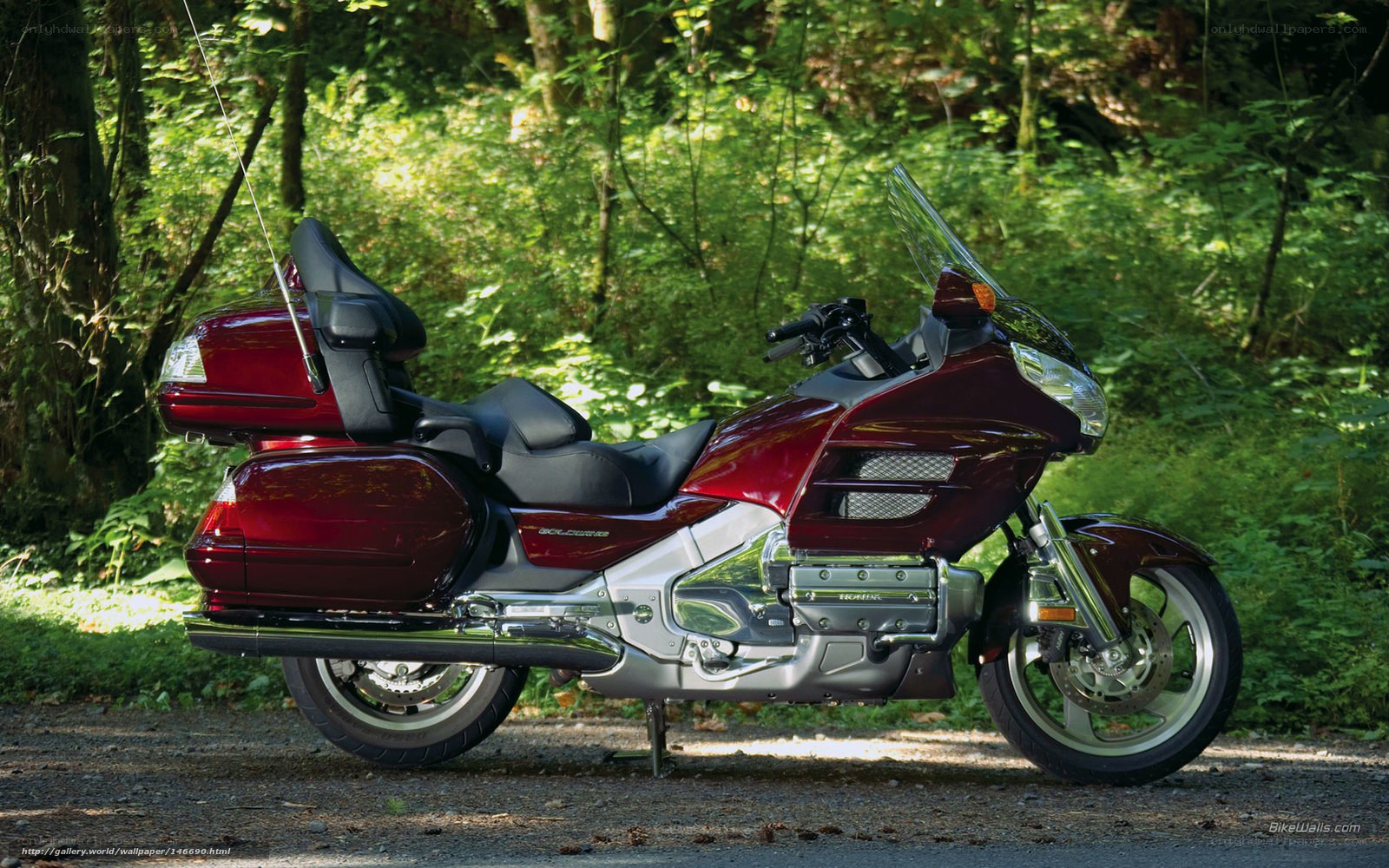 Red touring motorcycle in forest