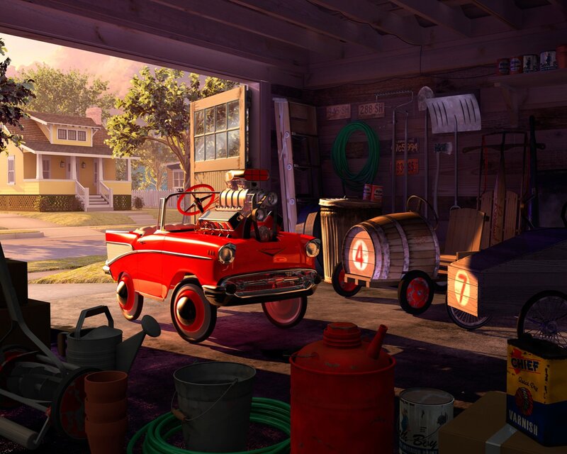 Red Toy Car in Garage