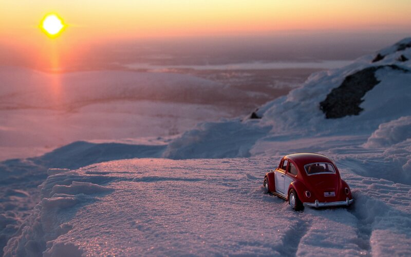 Red Toy Car in Snow — Serene