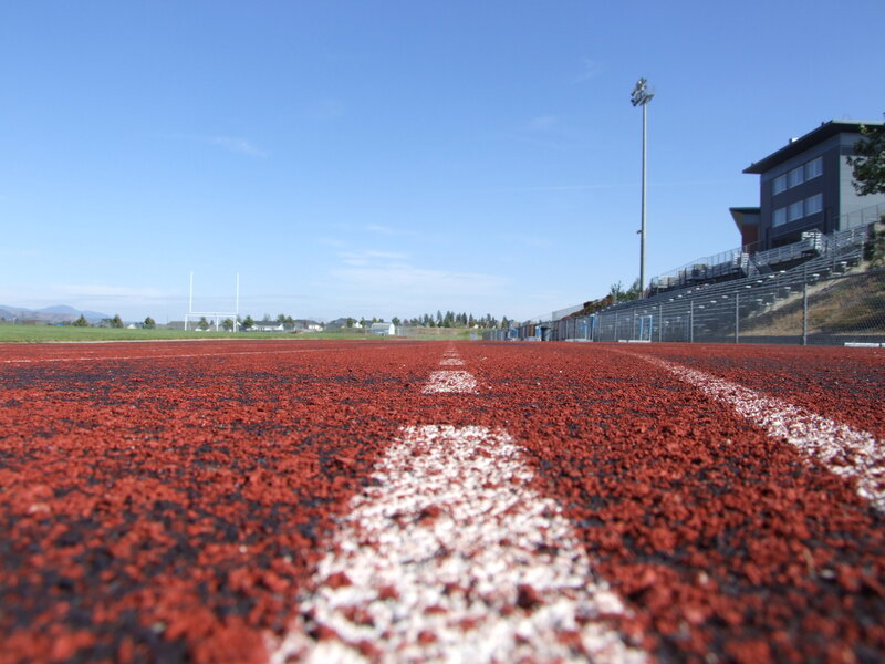 Red track at a sports stadium