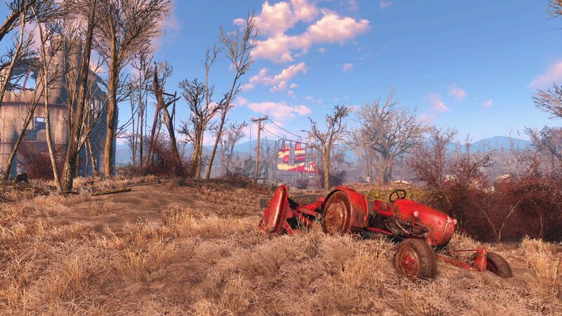 Red Tractor in Field — Brown
