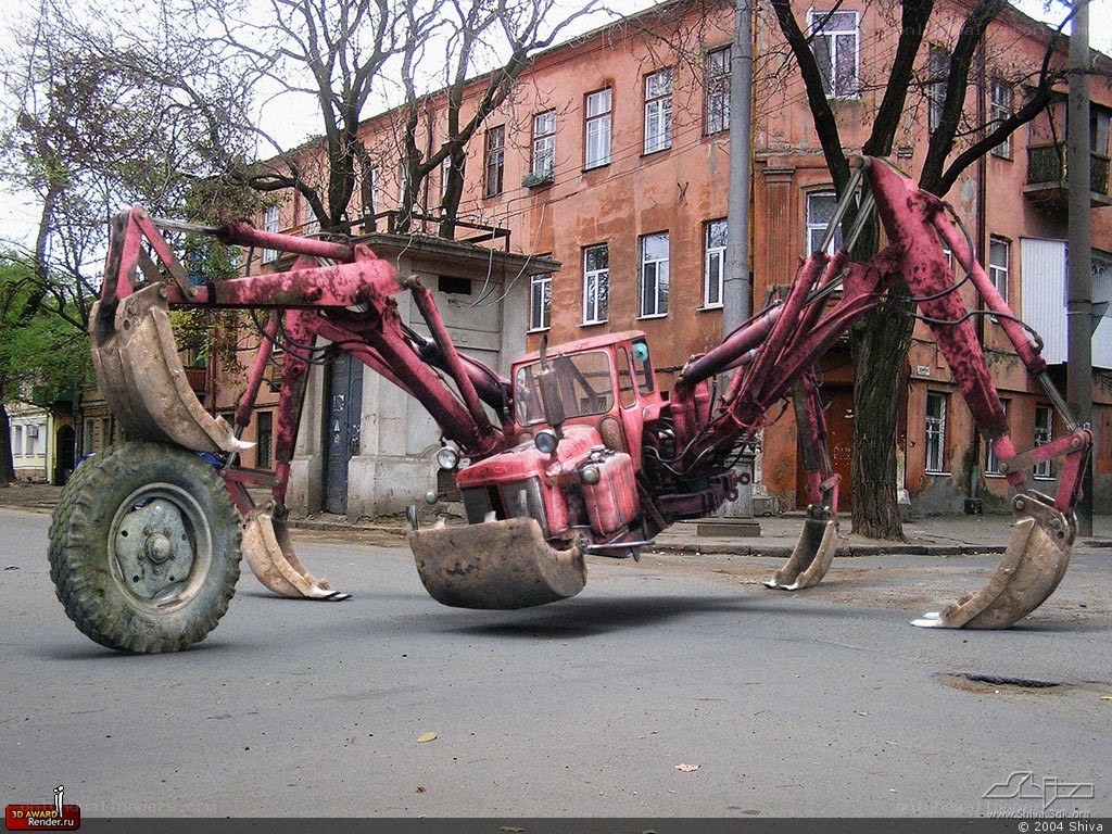 Red tractor spider sculpture
