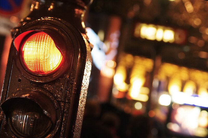 red traffic light at night