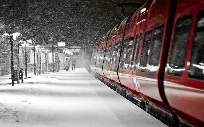 Red Train at Snowy Station — Cold