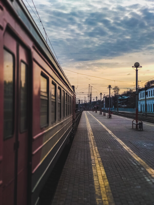 Red Train at Station — Calm, Sunset