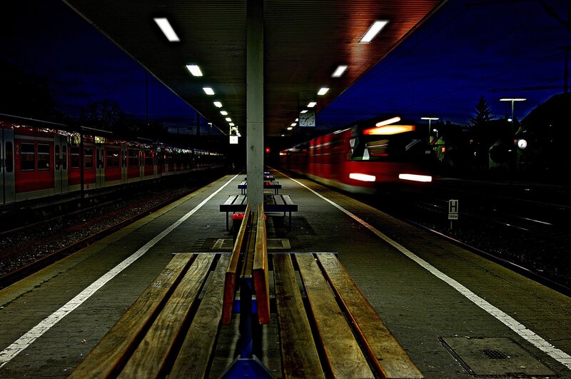 Red Train at Station — Dramatic, Night, Photograph