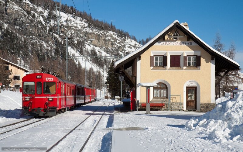 Red Train at Station — Serene, Winter, Photograph, Snow