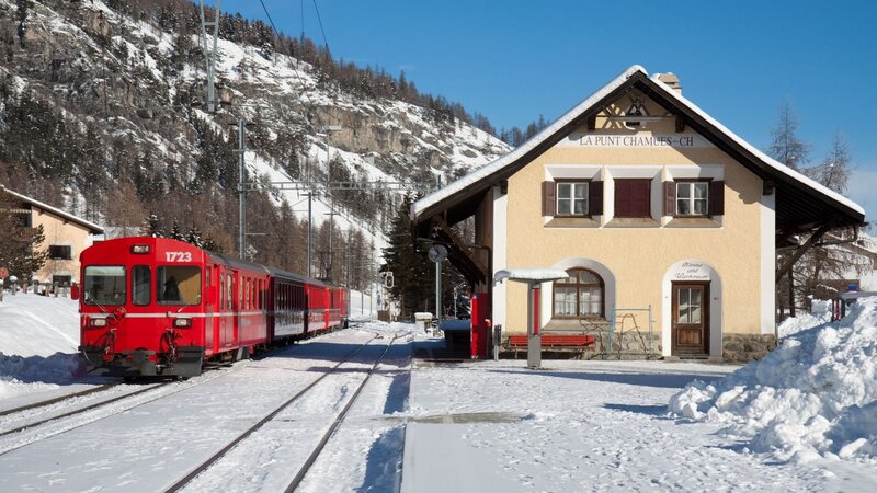 Red Train at Station — Serene, Winter, Photograph