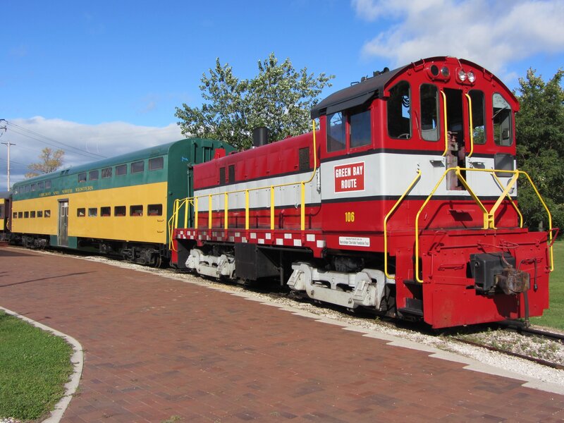 Red train engine on display