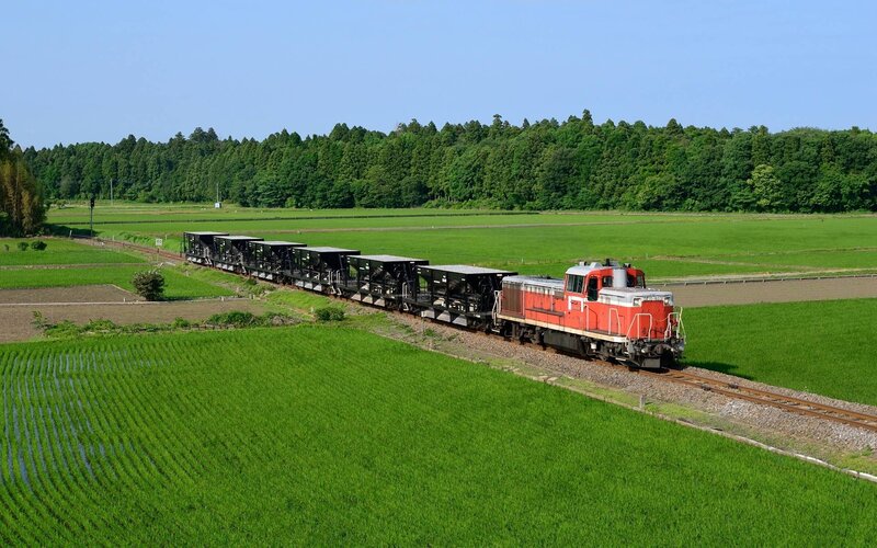 Red Train in Fields — Green