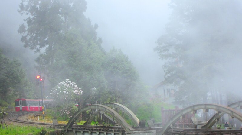 Red Train in Fog