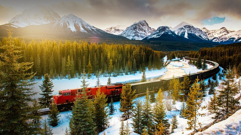 Red Train in Mountains — Dramatic