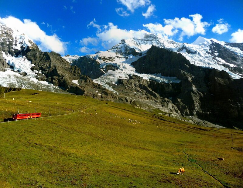 Red Train in Mountains — Green, Serene