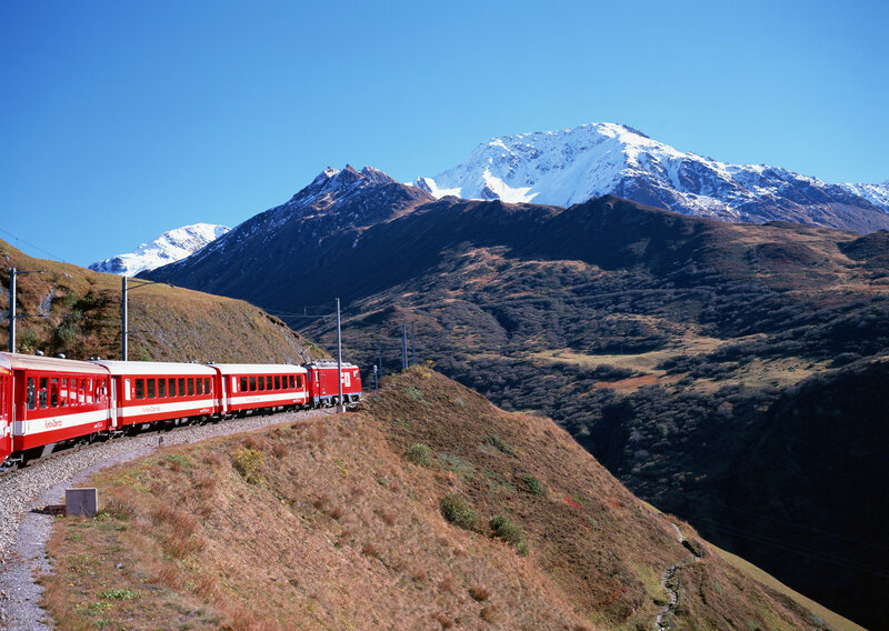 Red Train in Mountains — Serene