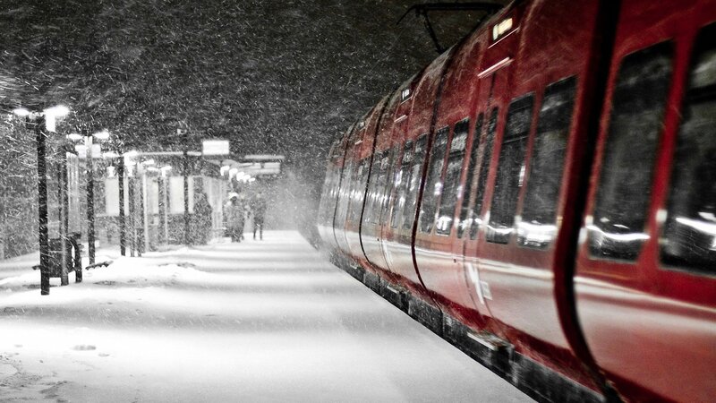 Red Train in Snow — Cold, Night