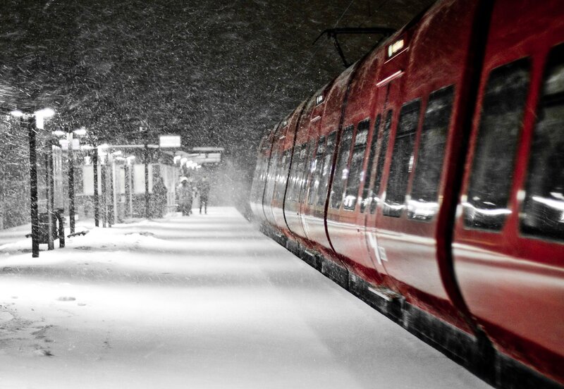 Red Train in Snow — Cold, Winter, Photograph, Platform