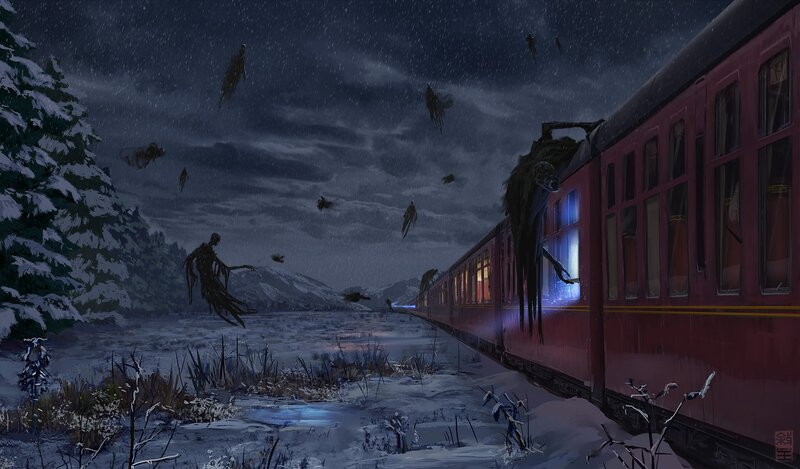 Red Train in Snow — Dark, Dramatic