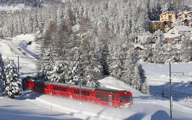 Red Train in Snow — Serene, Winter, Photograph