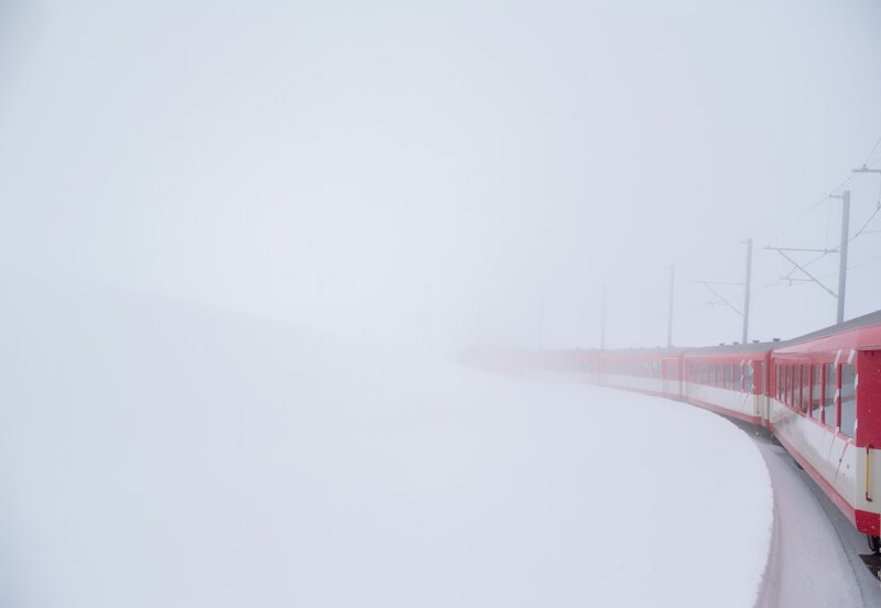 Red Train in Snow — White, Foggy