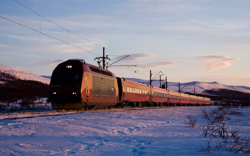 Red Train in Snow — White, Serene, Winter, Photograph, Mountains, Train Tracks