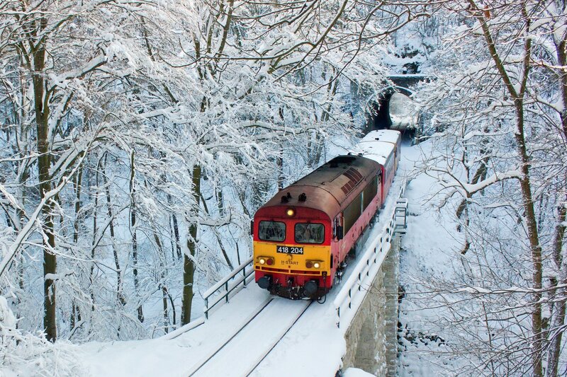 Red Train in Snow — White, Serene, Winter, Photograph, Trees